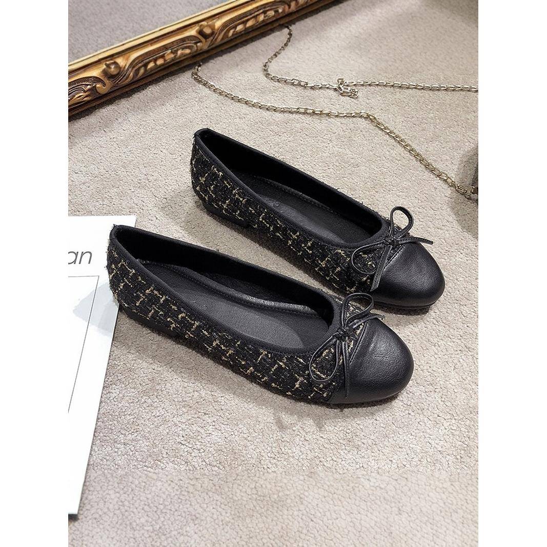 潮牌小香风单鞋女秋冬季覆古黑色瓢鞋软底豆豆鞋平底肥脚大码女鞋