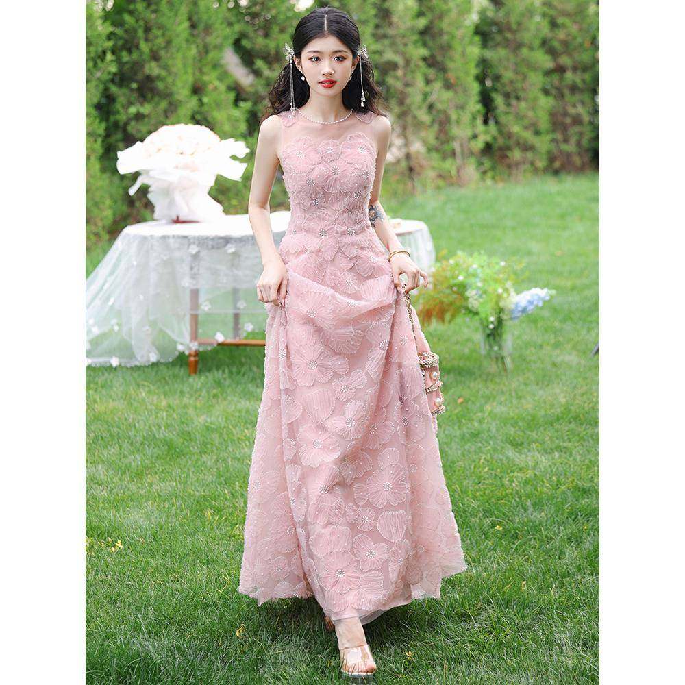 Ocnltiy粉色小晚礼服女款轻奢小众高端订婚洋装网纱成人礼服主持