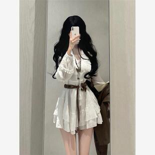 连衣裙女大码胖MM美式复古短款皮衣外套女春季纯欲白色v领长袖连