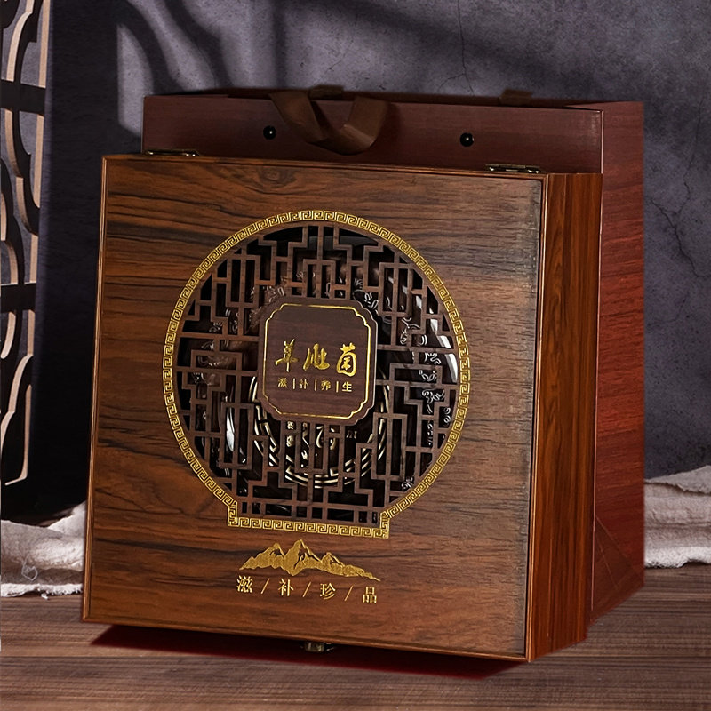 坤兴新款复古雕刻羊肚菌包装盒野生菌菇礼盒中式木盒山珍干货盒子