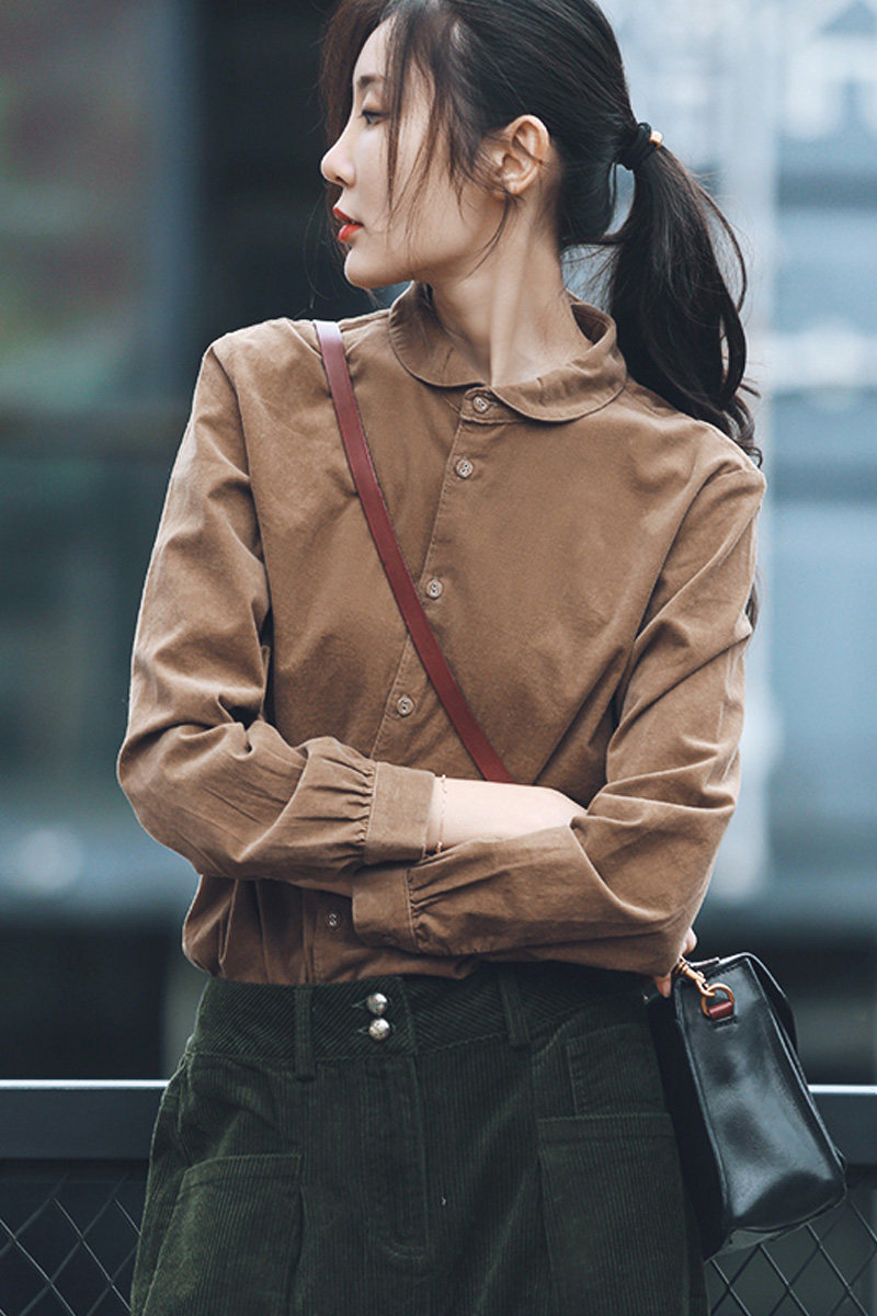 全棉灯芯绒衬衫女春秋2025覆古气质减龄弹力卡其色休闲长袖衬衣潮,女装/女士精品,衬衫,淘宝优惠券,粉丝福利购,淘宝优惠卷