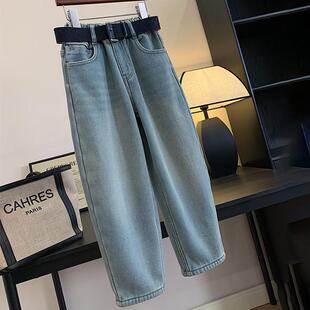 女中大童装一体绒宽松老爹裤秋冬新款男童韩版高腰休闲直筒牛仔裤