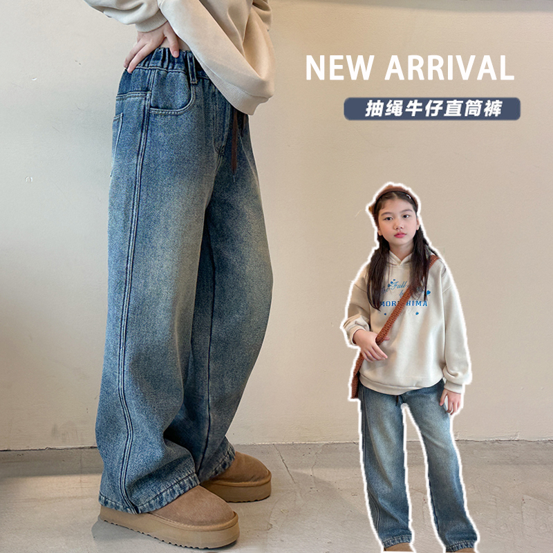 女童冬加绒加厚宽松直筒牛仔裤