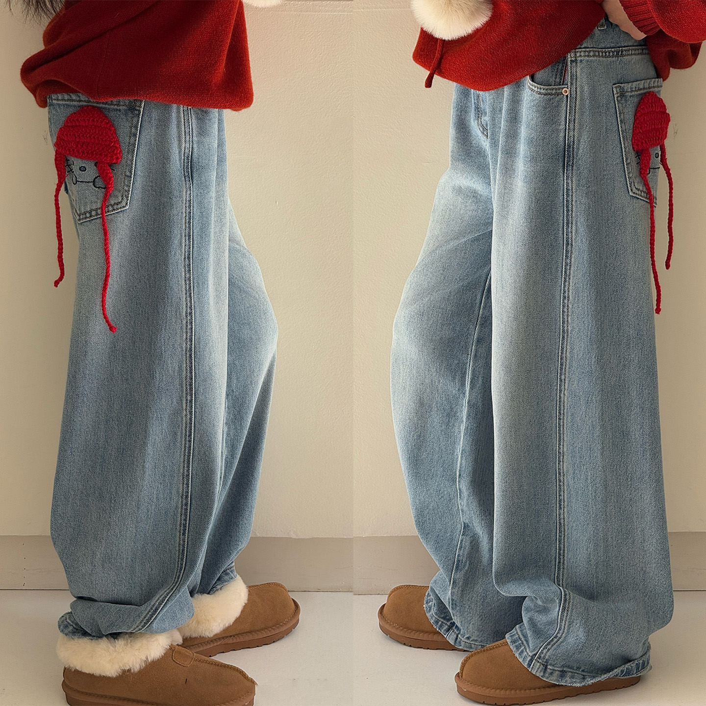 女童一体绒牛仔裤宽松百搭直筒裤