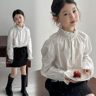 上衣小女孩内搭潮 儿童潮范钉珠花边袖 女童荷叶领衬衫 2025早春新款
