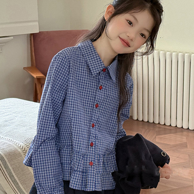 女童甜美森系裙摆衬衫格子上衣