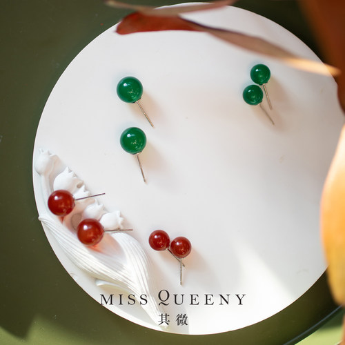 Miss Queeny其微|江南春·红绿玛瑙耳钉耳夹精致简约复古