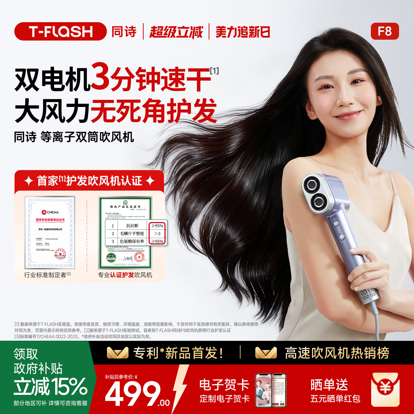 同诗艾齐双筒高速吹风机家用等离子护发速干大风力电吹风筒礼物F8