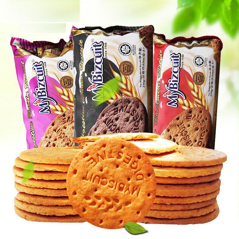马来西亚进口麦比客全麦葡萄干味消化饼干250g*3袋粗粮代餐零食品
