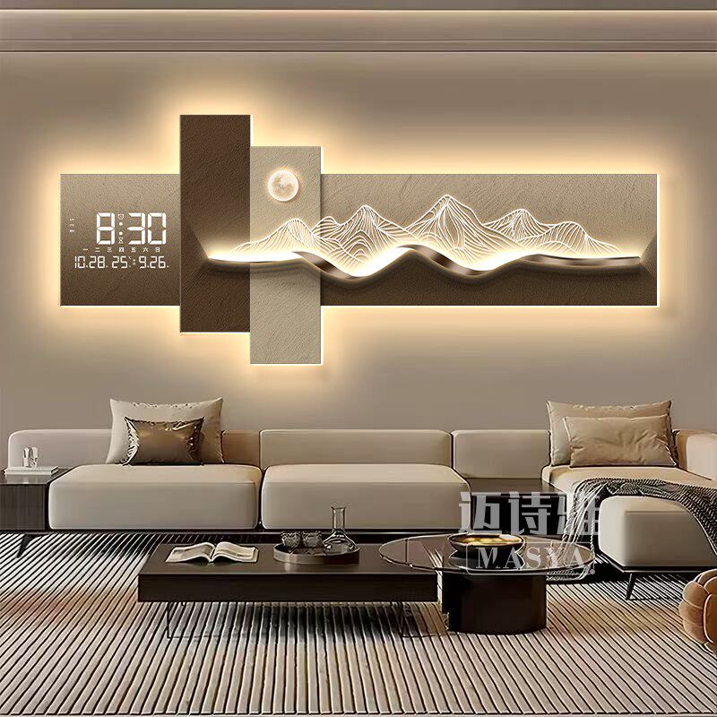 高级感客厅装饰画 画背有靠山创意led时钟壁灯画 画大气沙发背景