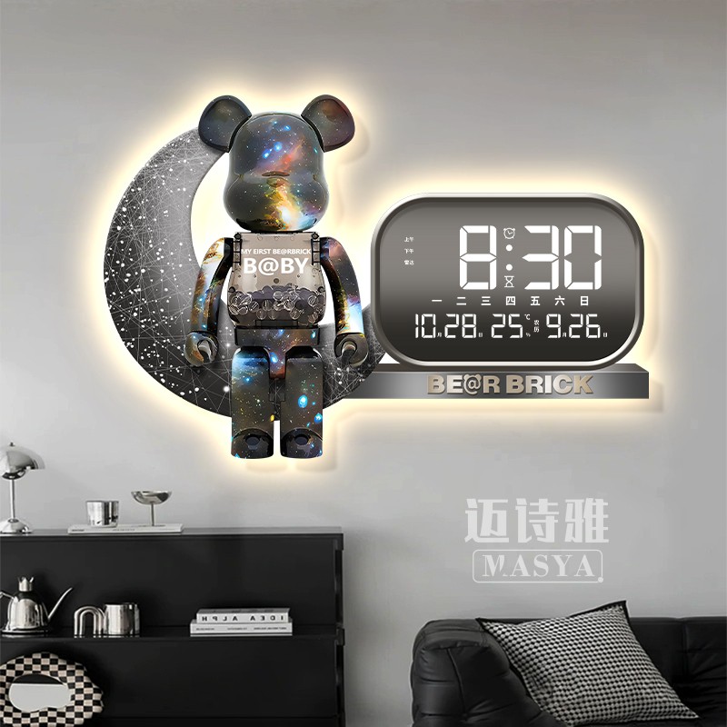 暴力熊钟表挂钟客厅现代轻奢餐厅装饰画高级感万年历电子时钟挂墙