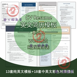 欧美彩色风格留学生外企求职CV中英文对照双语resume单页简历模板