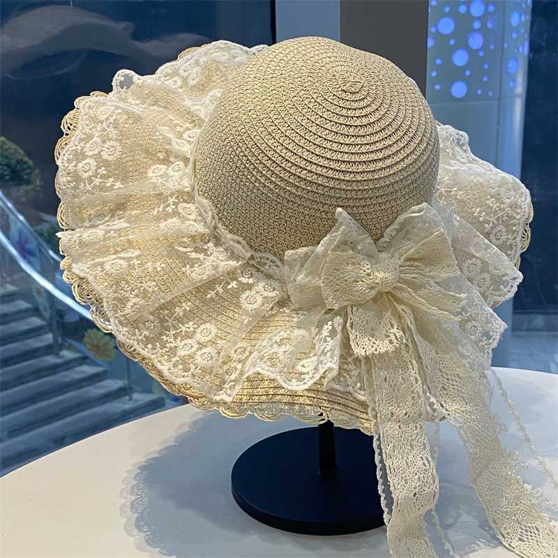 蕾丝飘带蝴蝶结草编帽子女夏季海边度假沙滩太阳帽出游遮阳防晒帽