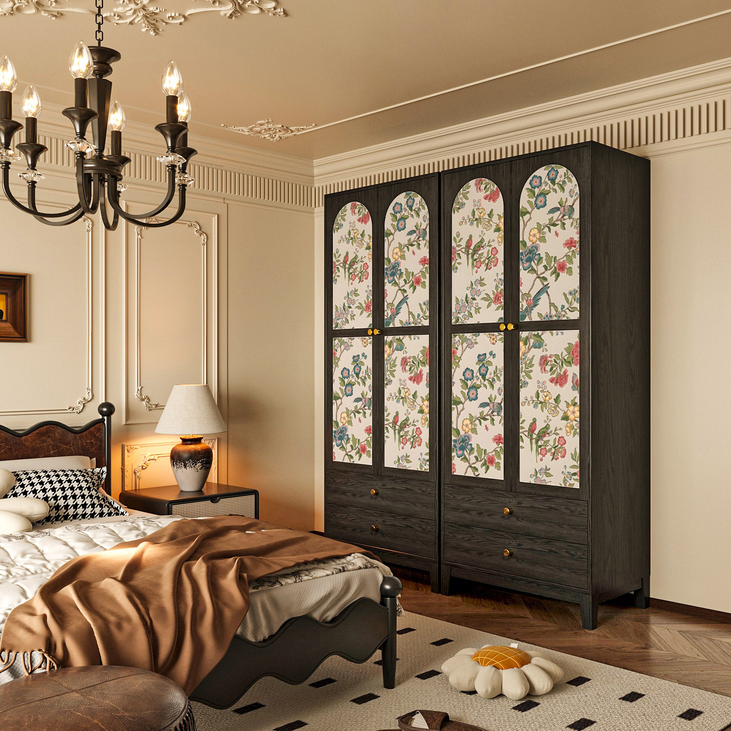 鲁老爷法式独立实木衣柜中古风花鸟定制手绘彩绘大漆收纳储物柜