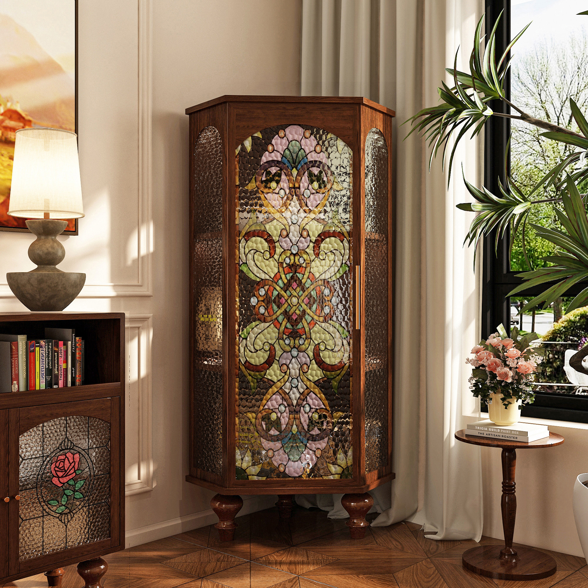 中古风实木三角柜客厅靠墙置物装饰柜沙发拐角玻璃彩绘储物收纳柜,住宅家具,角柜,淘宝优惠券,粉丝福利购,淘宝优惠卷