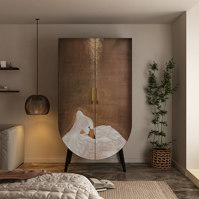 法式复古天鹅彩绘衣柜卧室家用靠墙对开门储物收纳柜免安装一体柜