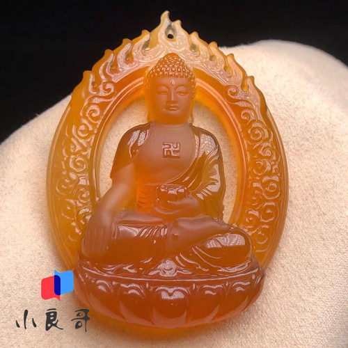 天然冰黄玛瑙纯手精工雕刻阿弥陀佛守护神吊坠本命佛玉坠玉佩挂件