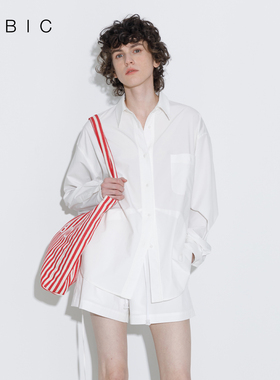 CUBIC春日意趣 解构分割系带式宽松休闲长袖白色衬衫