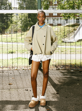 【nana同款】CUBIC通勤廓形立体翻领抽绳卡其短款风衣外套EC6016