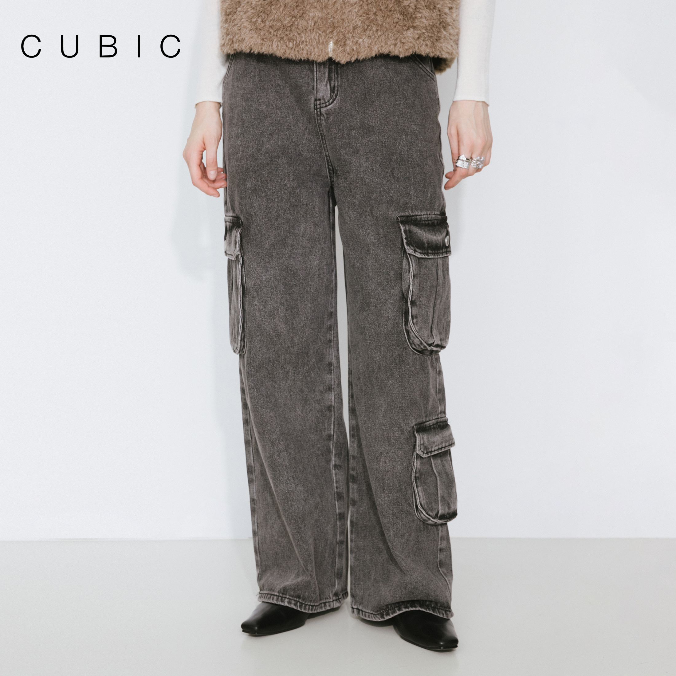 CUBIC高腰工装阔腿牛仔裤