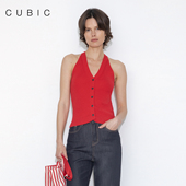 挂脖V领羊毛混纺修身 CUBIC慵懒假日 夏季 单排扣毛织挂脖背心