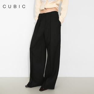 CUBIC休闲通勤百搭褶皱设计颗粒麻结感纯色直筒垂坠廓形西装 裤