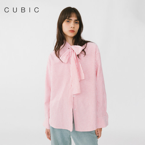CUBIC无领带细条纹棉感衬衫