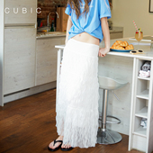 CUBIC活力假日游 度假风轻盈网纱腰部打揽波浪压褶气质A字半裙