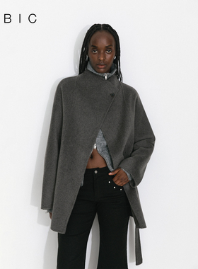 CUBIC经典时髦绵羊毛混纺立领A字廓形宽松灰色毛呢厚外套