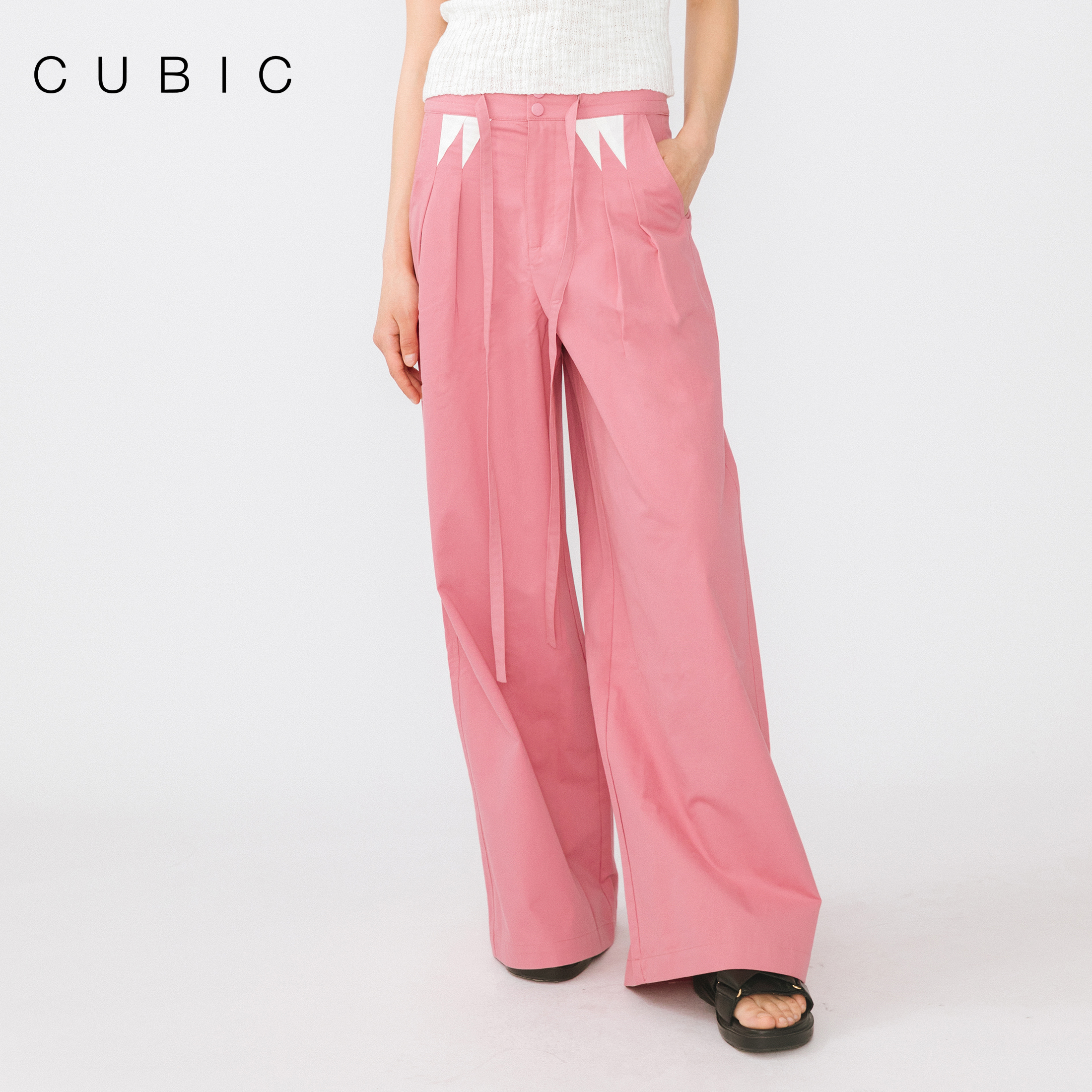 CUBIC高腰撞色休闲阔腿裤