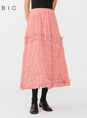 CUBIC法式浪漫复古木耳边红色格纹松紧腰A字蛋糕半身裙