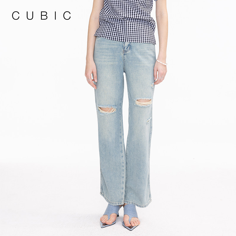 CUBIC直筒长裤破洞牛仔裤