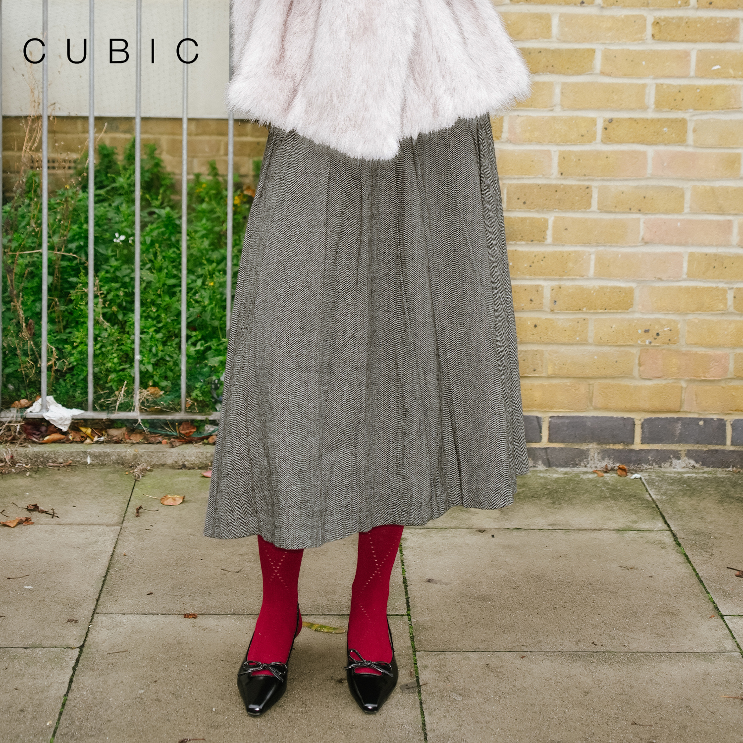 CUBIC高腰工字褶西装半裙