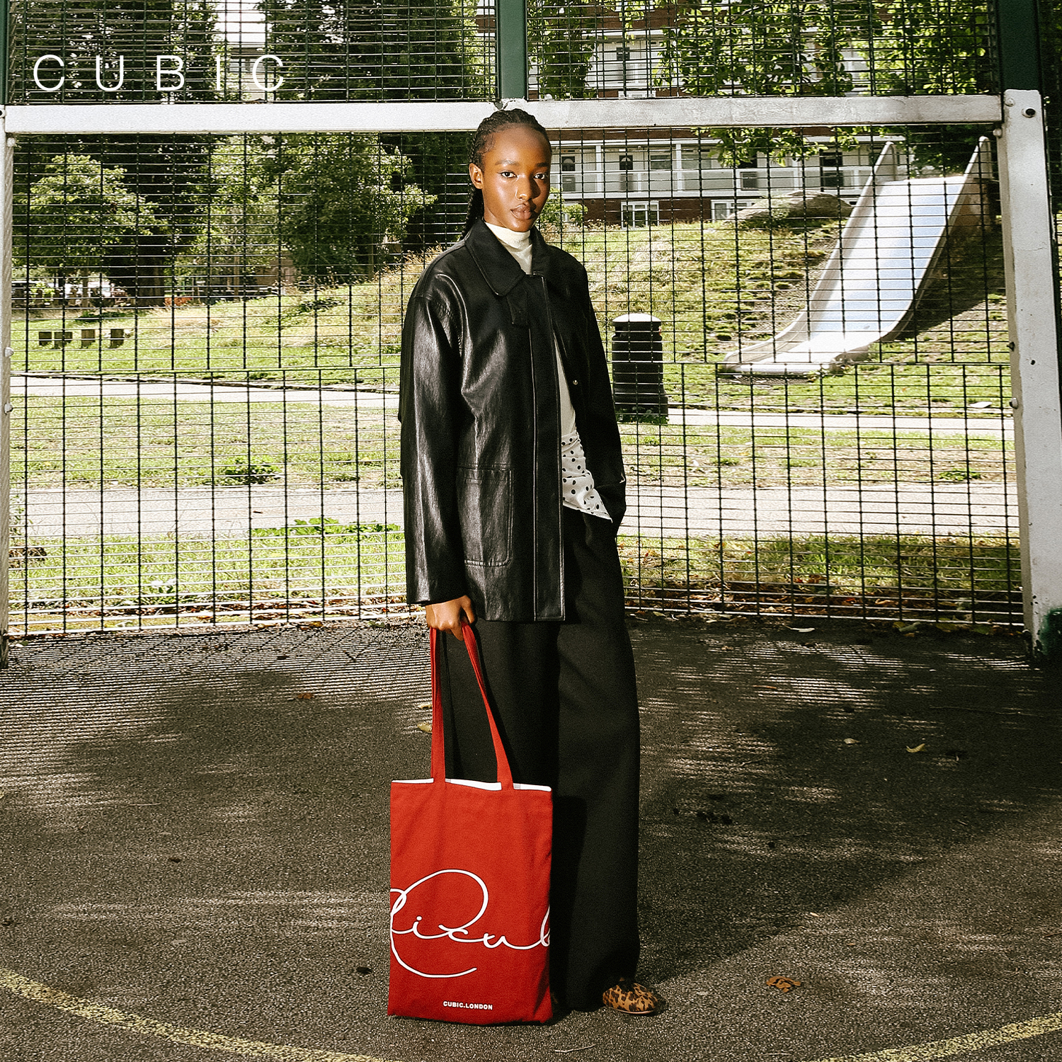 CUBIC宽松廓形格纹拼接皮衣