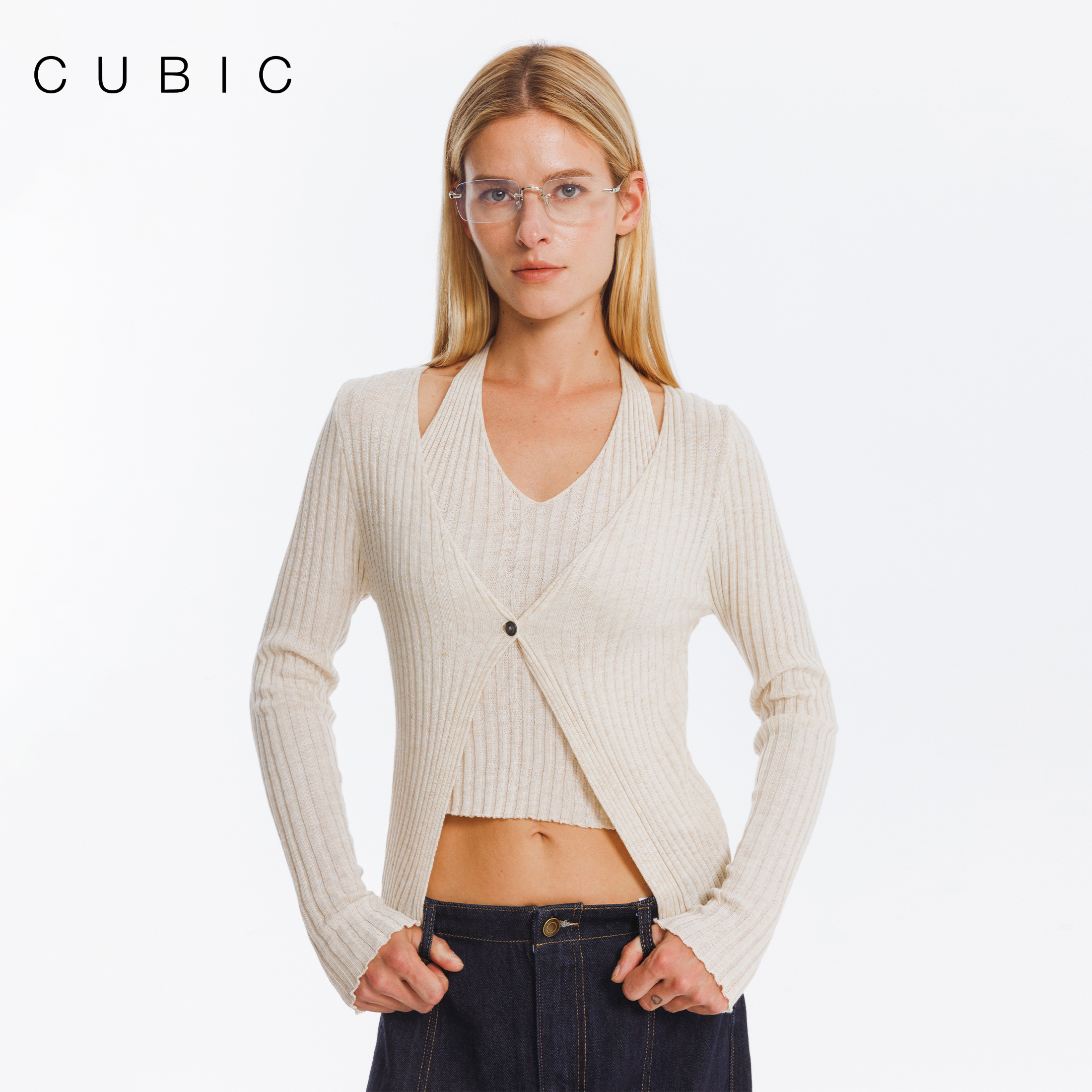 CUBIC假两件挂脖针织开衫