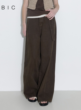 CUBIC复古解构分割水洗宽松系带直筒裤子咖色阔腿牛仔裤DP6013