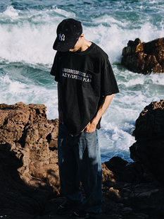 闭店特卖LoverLab复古做旧破坏印花短袖T恤男 美式重磅纯棉打底衫