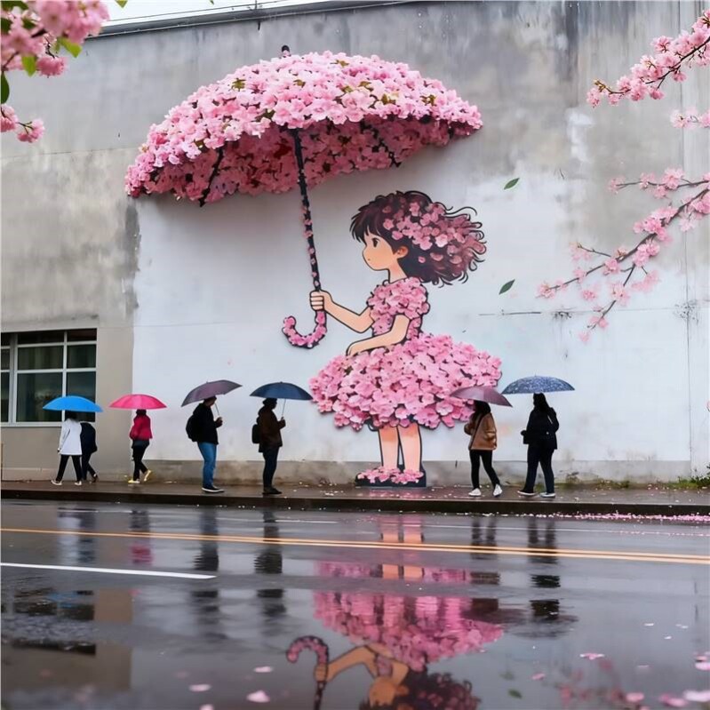 仿真花墙艺打伞女孩花艺美陈装饰户外景区墙面布置网红拍照打卡