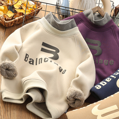 全纯棉男童假两件加绒卫衣2025冬季新款中大童一体绒打底衫儿童加