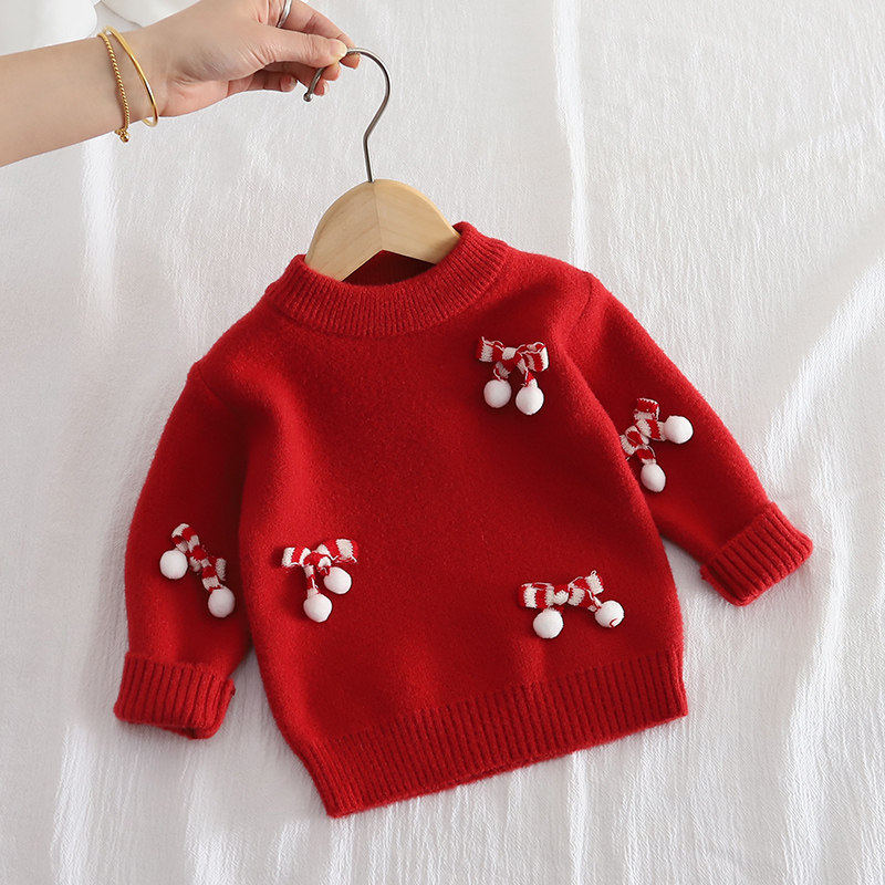 全棉红色毛衣女童秋冬季内搭洋气蝴蝶结加绒加厚儿童针织衫宝宝打,童装/婴儿装/亲子装,毛衣/针织衫,淘宝优惠券,粉丝福利购,淘宝优惠卷