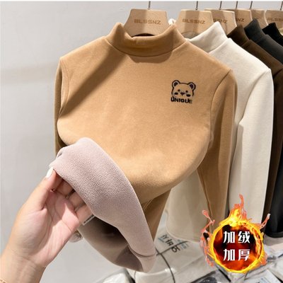 全纯棉女童打底衫加绒加厚半高领长袖卫衣中大男童一体绒保暖上衣