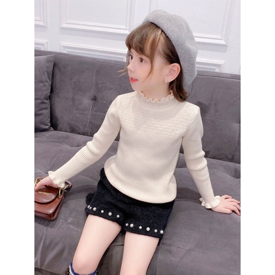 全纯棉毛衣打底衫2025年春秋纯色百搭新款中大童花边女童半高领套