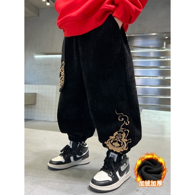 全棉男童裤子加绒2025新款中大童炸街中国风灯芯绒儿童加厚唐装保