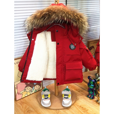 全棉儿童羽绒服冬季2026新款男童加厚绒红色外套女宝宝爆款冬装拜