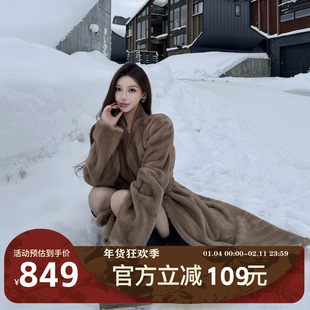MIMIWU新店 翻领腰带款环保貂慵懒风长款皮草短外套长袖大衣宽松