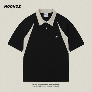 痞帅情侣翻领T恤ins NOONOZ夏季 潮牌拼色短袖 POLO衫 男宽松复古美式