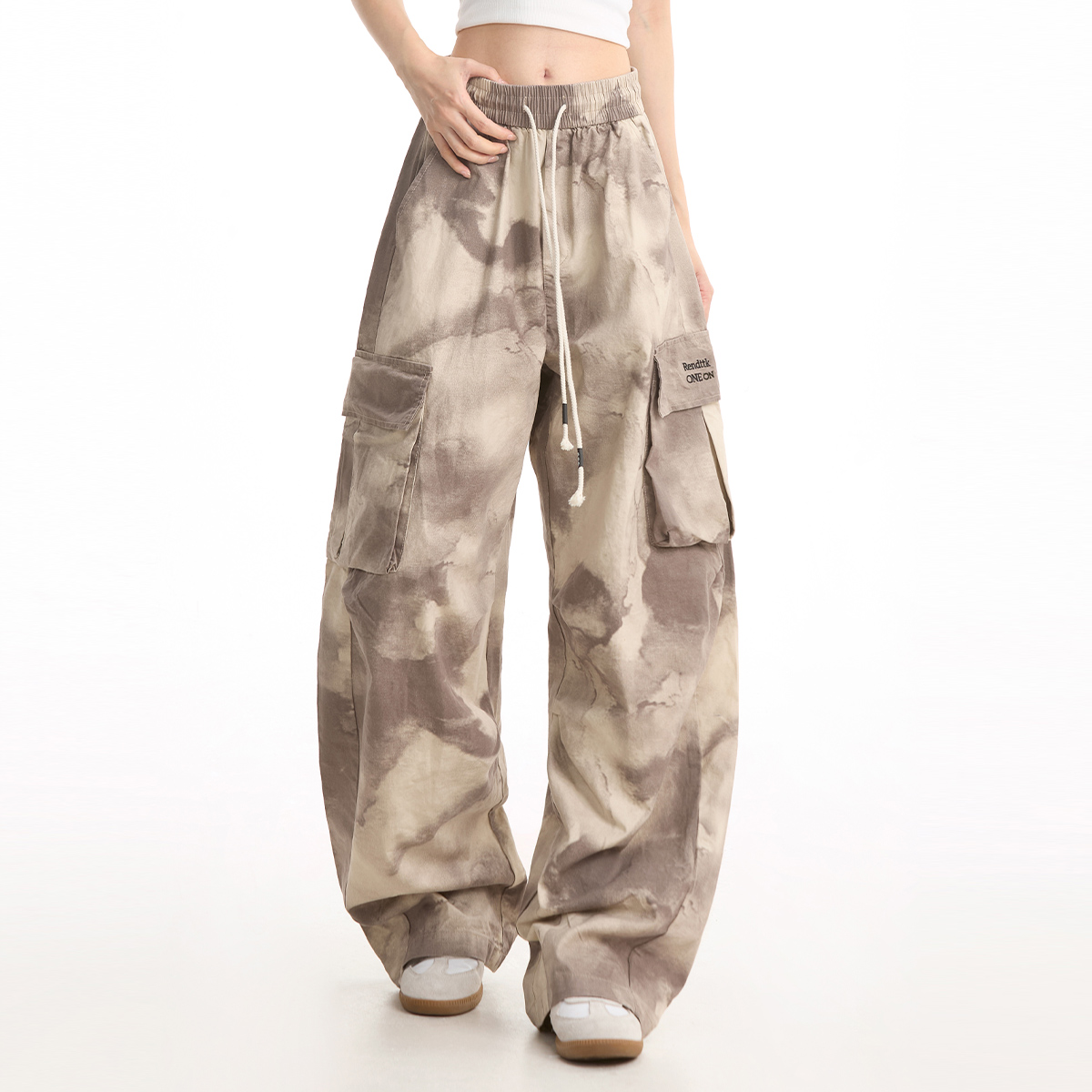 NOONOZ美式复古扎染大口袋工装裤男潮牌街头直筒显瘦阔腿休闲裤子