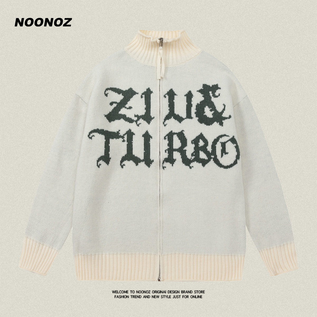 NOONOZ字母毛衣开衫立领美式复古