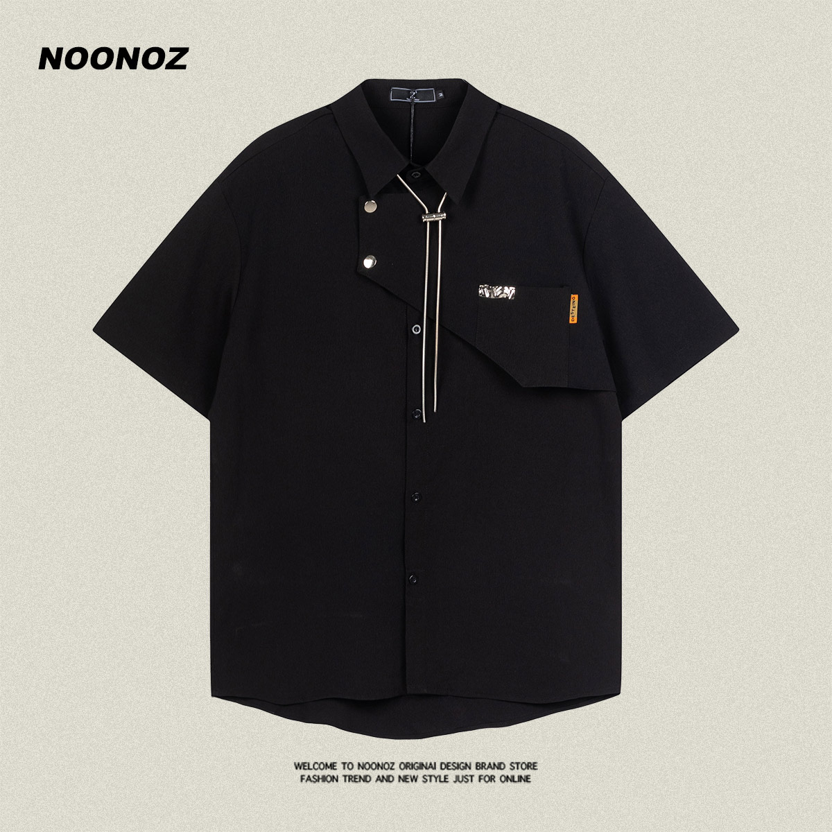 NOONOZ美式翻领链条拼接短袖衬衫