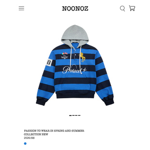 NOONOZ美式战马刺绣条纹连帽卫衣男潮牌中性风街头情侣假两件帽衫